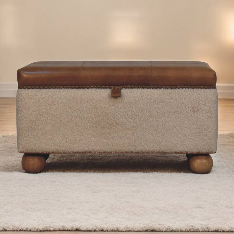 Artisan Furniture Solid Wood Boucle Lid- up Storage Ottoman