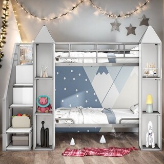 Modern Twin over Twin Castle-shaped Bunk Bed with Wardrobe and Multiple Storage for Bedroom