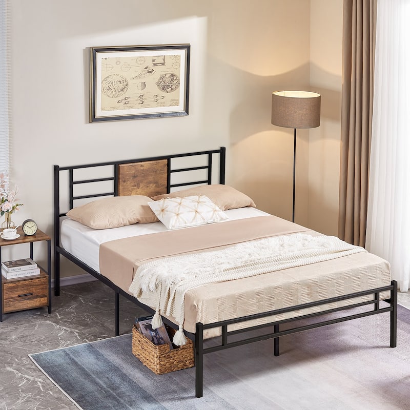VECELO Twin/Full/Queen Size Beds，Wood Platform Bed Frame with Headboard - Rustic Brown - Full