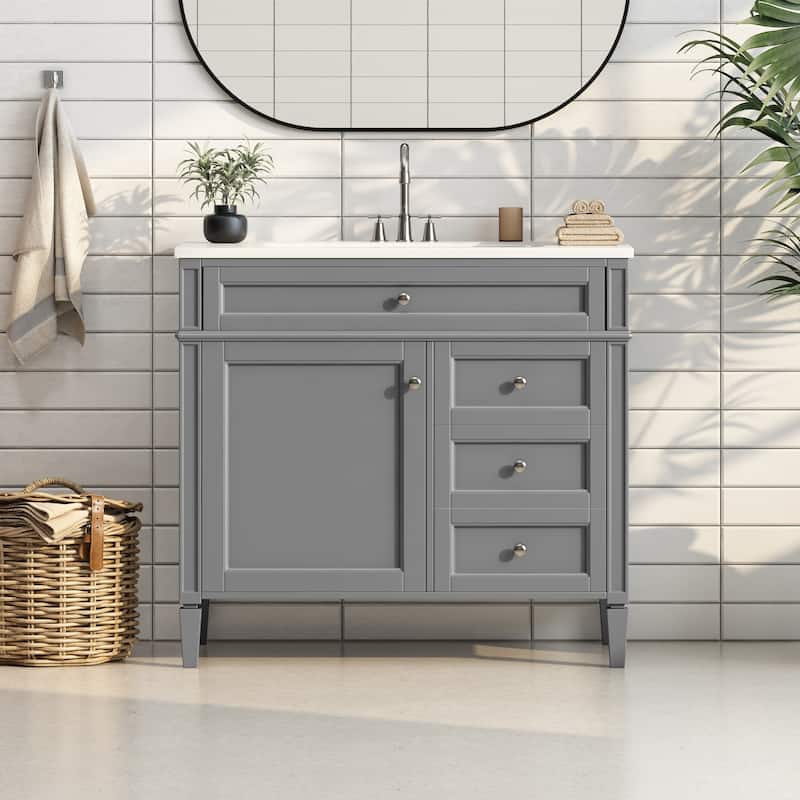 Modern Storage Cabinet Bathroom Vanity with Resin Sink, Tip-out Drawer, 2 Drawers, Side Door Organizer and Adjustable Shelf