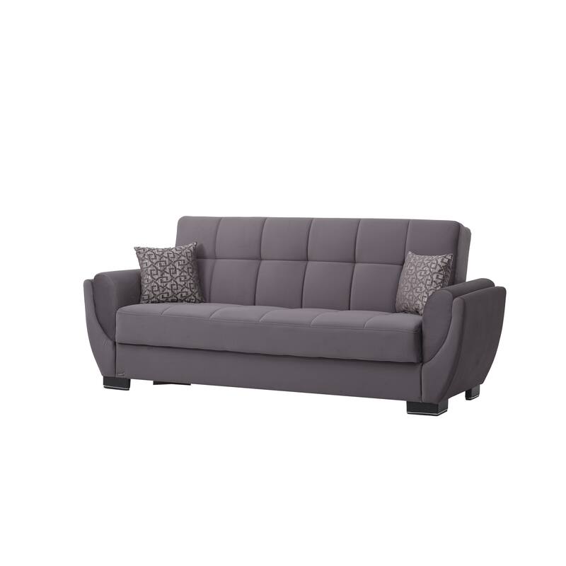 HomeRoots 93" Gray Microfiber Convertible Futon Sleeper Sofa And Toss Pillows With Storage