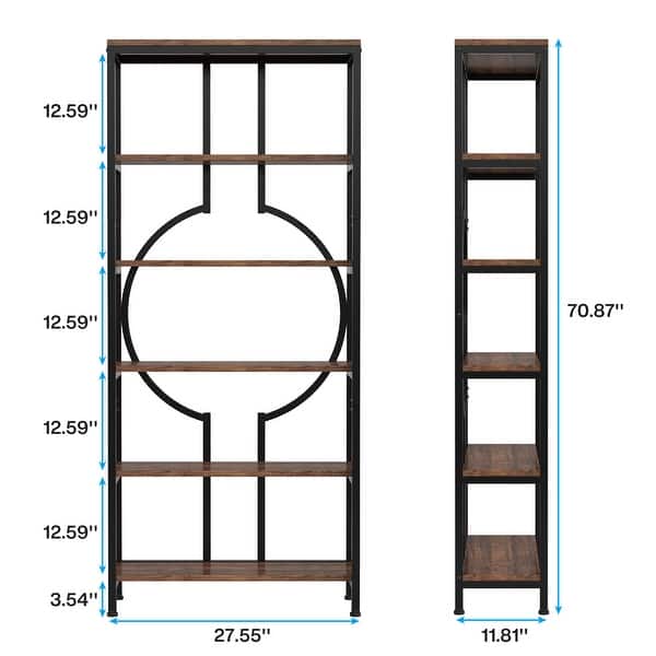 dimension image slide 0 of 2, 70.9"H x 27.6"W Industrial Geometric Bookcase, 6-Tier Tall Bookshelf, Wood Display Shelf Storage Shelves