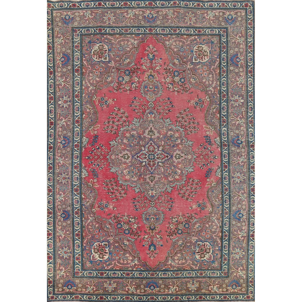 Pink Tabriz Persian Vintage Rug Hand-Knotted Floral Wool Carpet - 7'11" x 10'11"