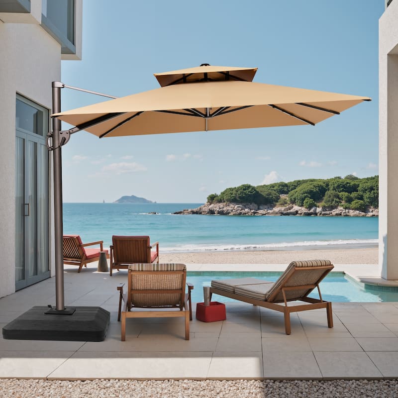 Outdoor Patio Dual Top Cantilever Umbrella with 4-Piece Fillable Weighted Base - Tan