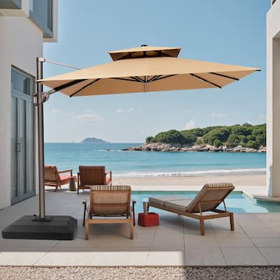 Outdoor Patio Dual Top Cantilever Umbrella with 4-Piece Fillable Weighted Base