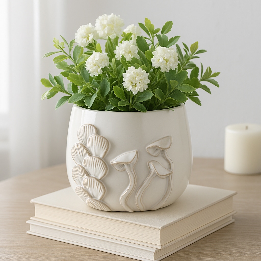 Plant Pot - White Ceramic Mushroom Gill Texture Garden, 6"