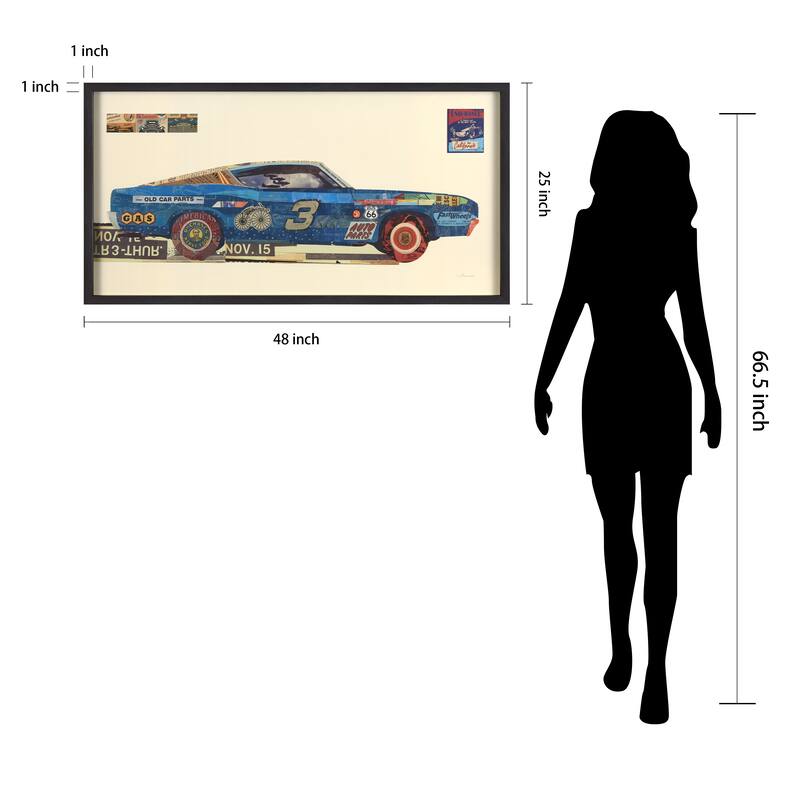 "Muscle Blue Car" Dimensional Collage Framed Graphic Glass Wall Art
