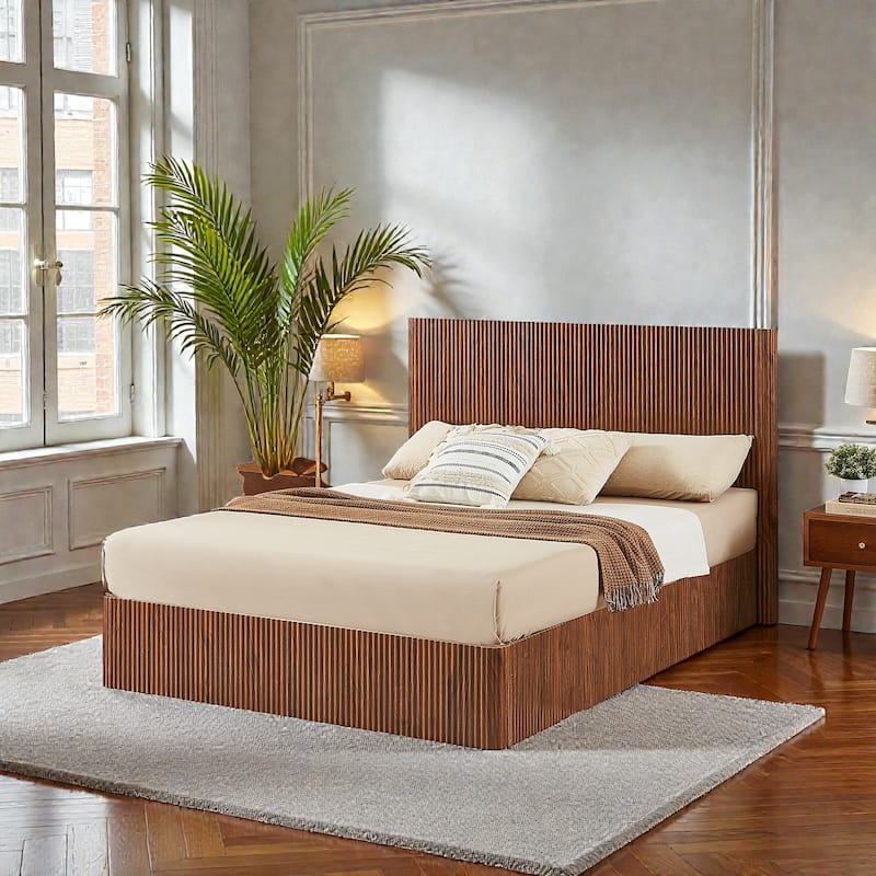 Lift Up Storage Platform Bed with Hydraulic Mechanism, Curved Corrugated Wooden Panels, No Box Spring Required