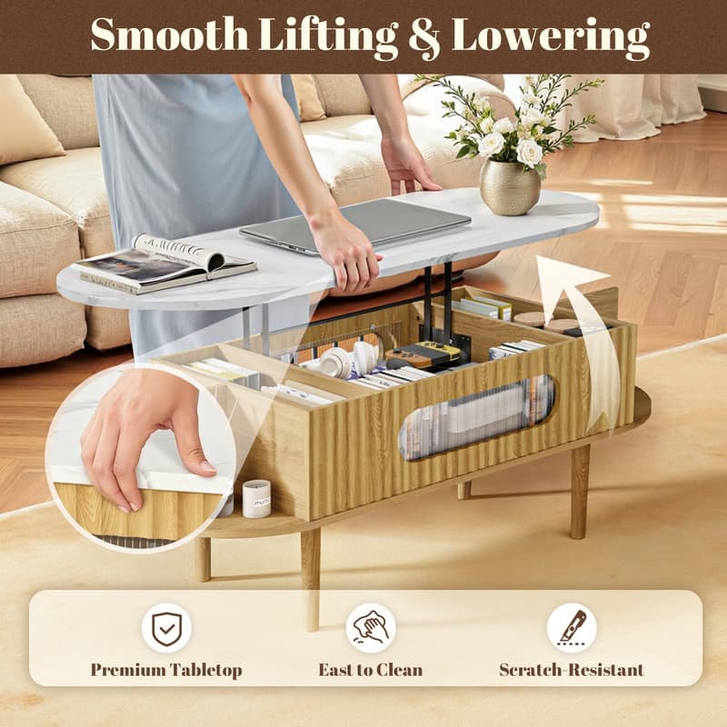 47" Fluted Lift Faux Marble Top Coffee Table, Wood Oval Center Table With 3 Hidden Compartment & 4 Open Space