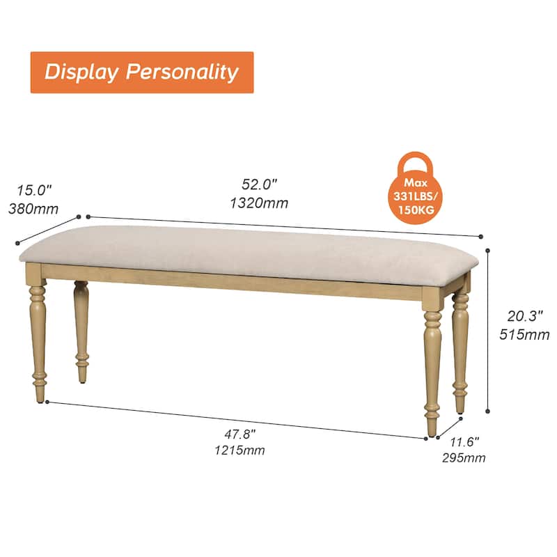 Farmhouse Dining Bench, Padded End of Bed Benches with Solid Wood Leg