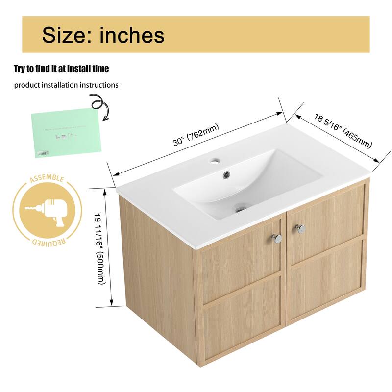 Malwee 24"/30" Floating Bathroom Vanity,Wall Mounted Bathroom Vanity with Ceramic Sink and Soft Close Door