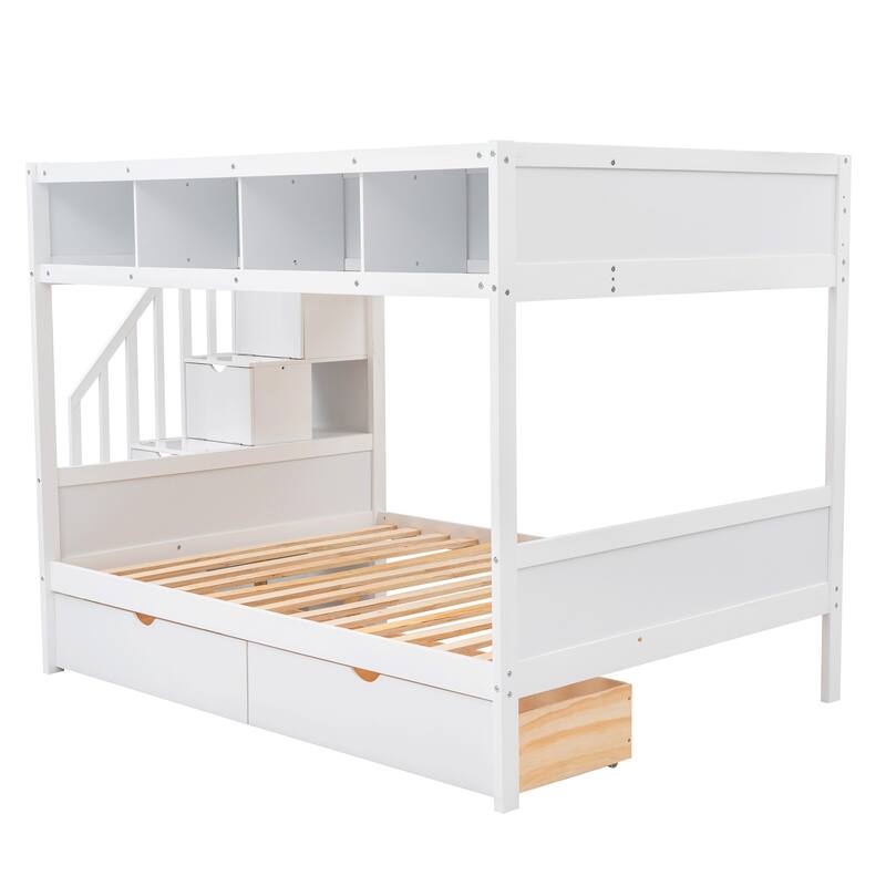 Twin over Full Bunk Bed with Shelves, Storage Staircase and 2 Drawers, White