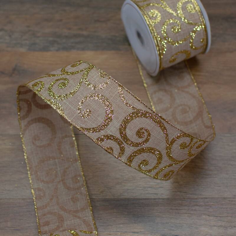 Burlap and Gold Scroll Christmas Wired Craft Ribbon 2.5" x 10 Yards - 2.5" x 10 Yards