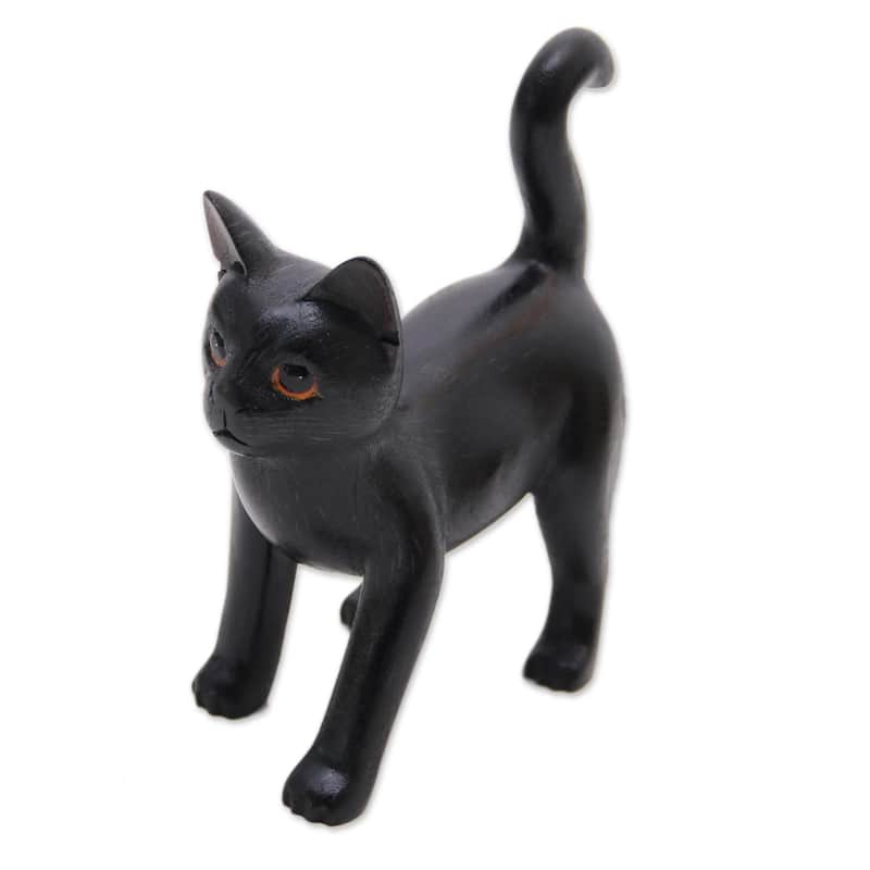 Handmade Curious Kitten In Black Wood Sculpture (Indonesia) - 7.25" H x 6.25" W x 3" D