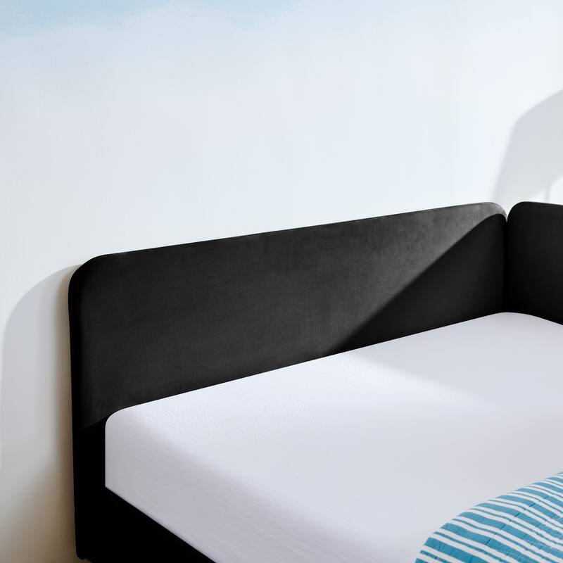 Roomfitters Twin/Full Upholstered Platform Bed with Side Backrest and Underbed Storage Trundle