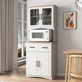 Wooden White Pantry Cabinet with Glass Doors and Adjustable Shelves