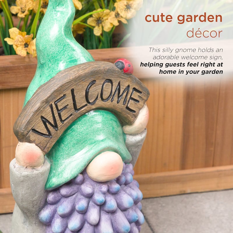 Gnome with Green Hat Holding Up "Welcome" Sign