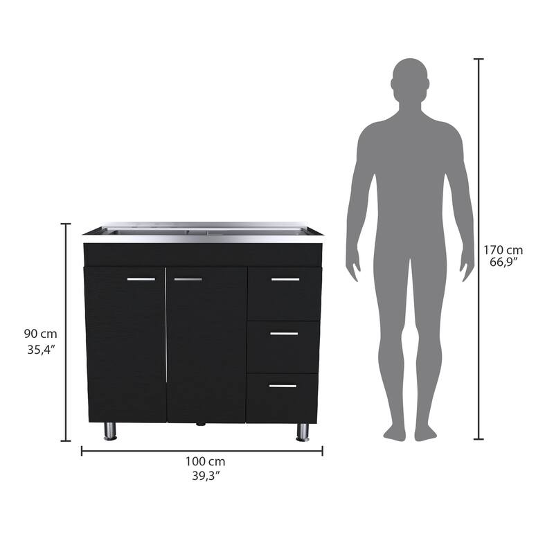 39-inch Wide Double Door Utility Sink cabinet with 3 Drawers - N/A