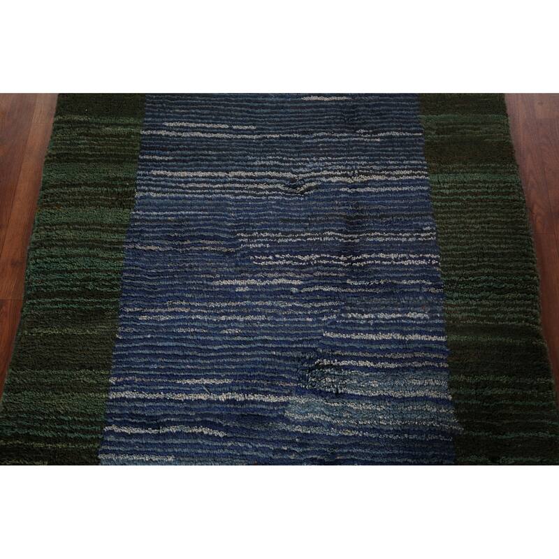 Blue & Green Striped Gabbeh Persian Accent Rug Handmade Wool Carpet - 3'8"x 5'3"