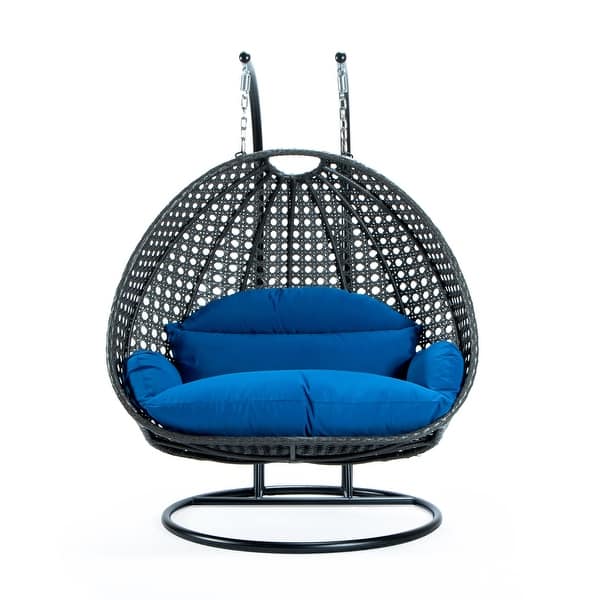 slide 2 of 9, LeisureMod 2-Person Double Egg Swing Chair - Charcoal Wicker with Metal Stand & Plush Cushions - Modern Outdoor Patio Lounger Blue