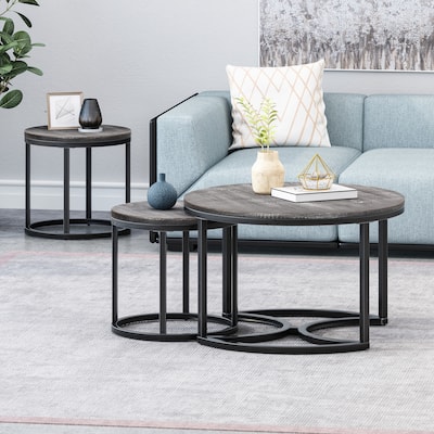 Roomfitters Modern Nesting Coffee Table Set, Rustic Wood Round Tops with Sturdy Metal Base, Space-Saving Design, Set of Three