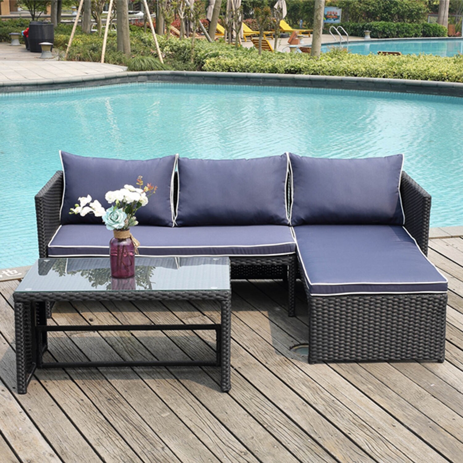 Shop Grearden Outdoor 3 Piece Conversation Patio Wicker Sofa Set Includes Sofa Chaise Coffee Table Overstock 31665008
