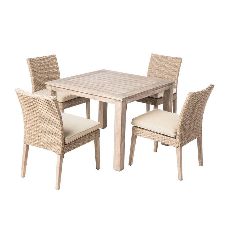 Cornwall Woven Wood 5 Piece Set,40" Sq Dining Table, 4 Armless Dining Chairs, Sunbelievable Cushions
