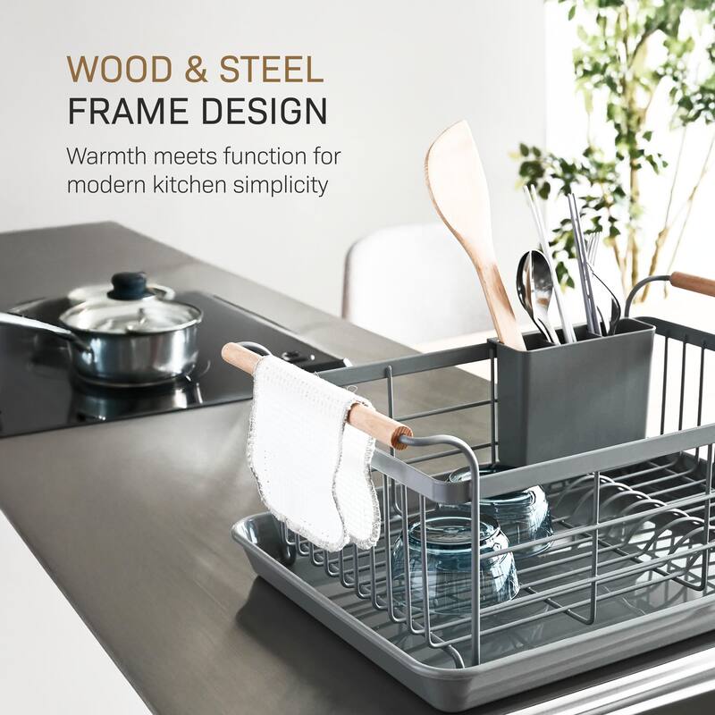 Yamazaki Home Dish Rack, Steel and Wood, Holds 22 lbs - L 13.19 x W 18.5 x H 7.87 inches