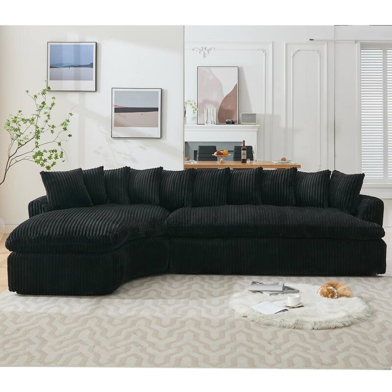 127" Corduroy L-Shaped Sectional Sofa with 10 Back Cushions