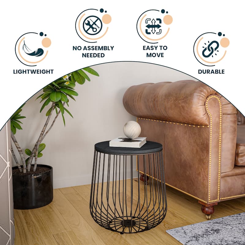 Runswick 16-inch Round Storage End Table – Mid-Century Modern Side Table with Removable Wood Top and Wire Drum Base - 16"