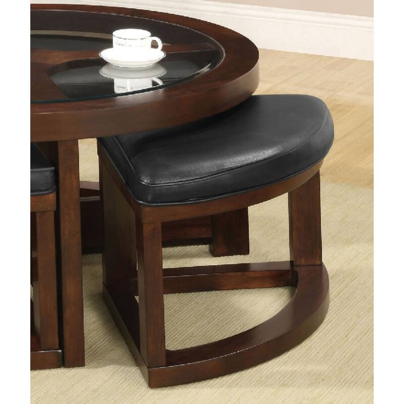 Glass and Wood Coffee Table With 4 Padded Ottomans in Walnut