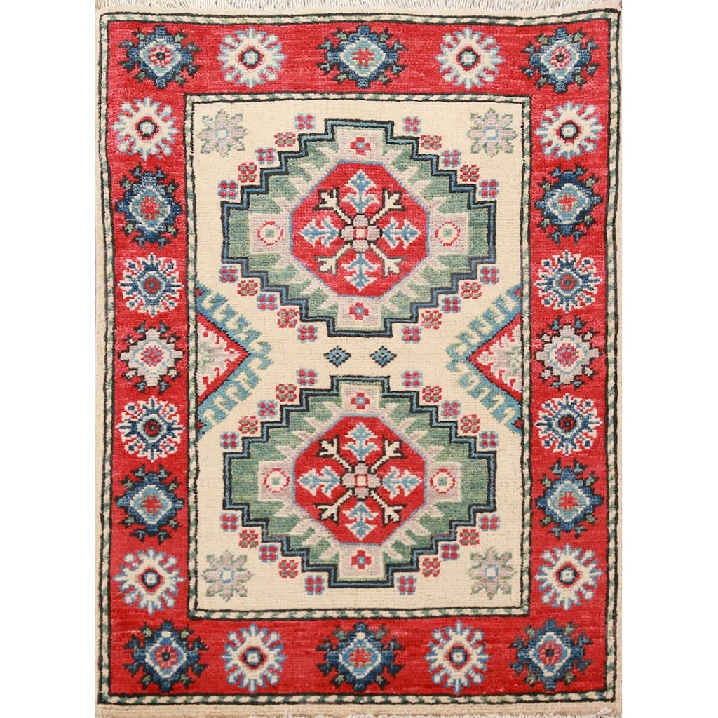 Traditional Kazak Rug Hand-Knotted Oriental Beige Wool Carpet - 2'0"x 3'0"