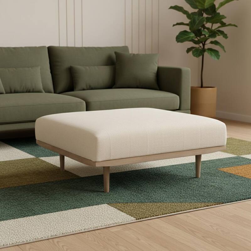 HomeRoots 37" Beige and Brown Solid Wood and Fabric Ottoman - Beige - 37.00 in. x 16.00 in. x 37.00 in.
