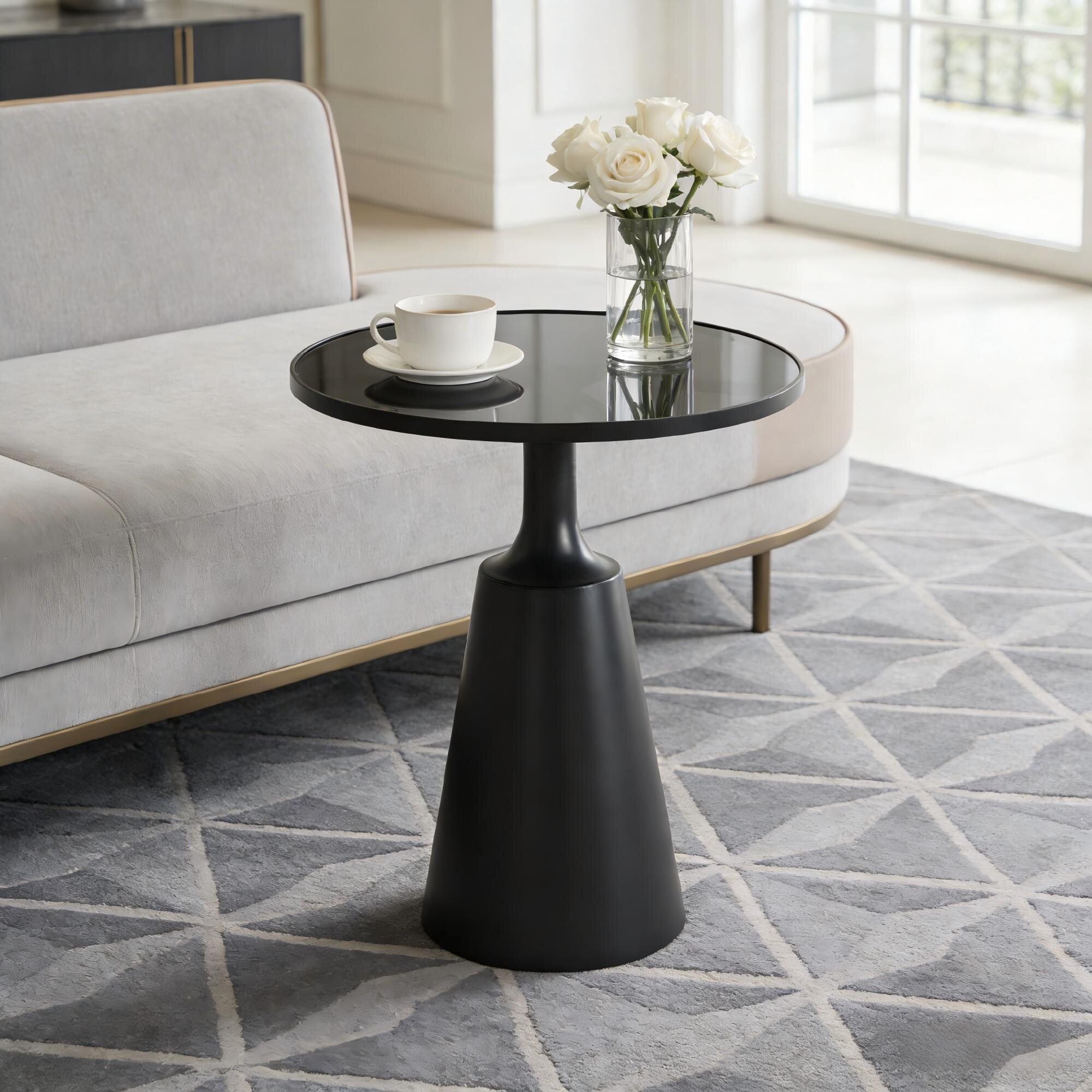 Roomfitters 20" Round Glass Top Side Table Black Metal Pedestal Base Modern Minimalist Accent End Table for Home, Black