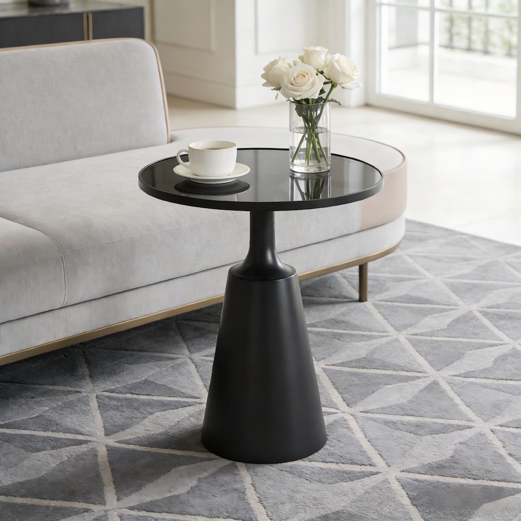 Roomfitters 20" Round Glass Top Side Table Black Metal Pedestal Base Modern Minimalist Accent End Table for Home, Black