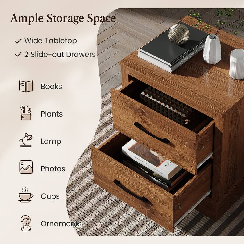 Costway 2 Drawer Nightstand Bedside Table Compact Sofa End Table Dark