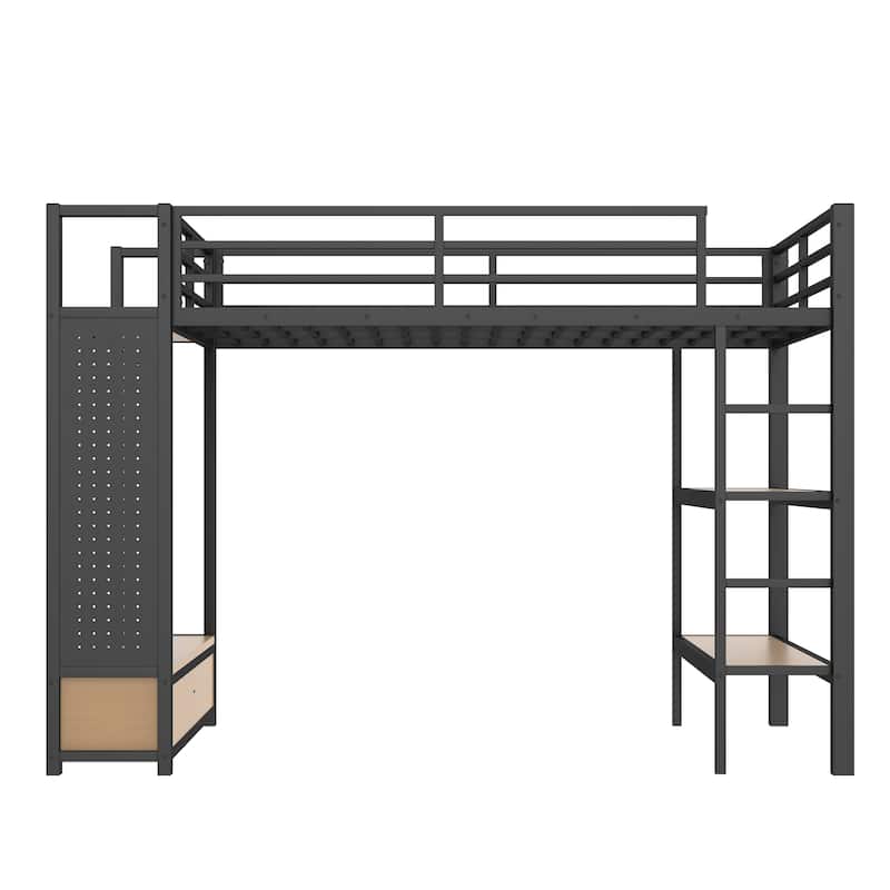 Modern Full Metal Loft Bed with Integrated Closet, Open Shelves, Pegboard and Storage Drawers, Safety Guardrails & Sturdy Ladder