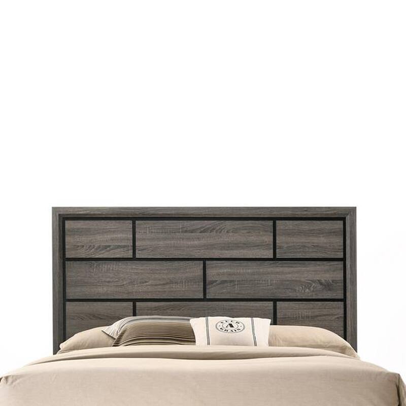 Transitional Style Wooden Queen Size Bed with Brick Elements Panel Headboard, Gray