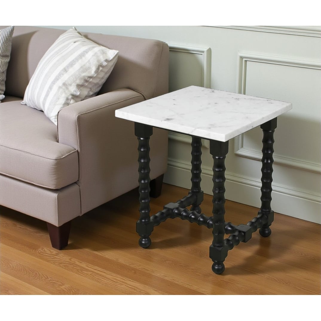 HomeRoots 24" White and Black Marble and Solid Wood Square Trestle End Table - 20.00 in. x 24.00 in. x 20.00 in.