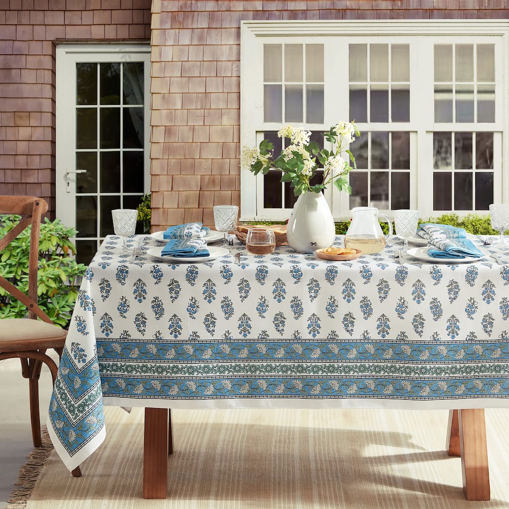 Tropez Block Print Stain & Water Resistant Indoor/Outdoor Tablecloth