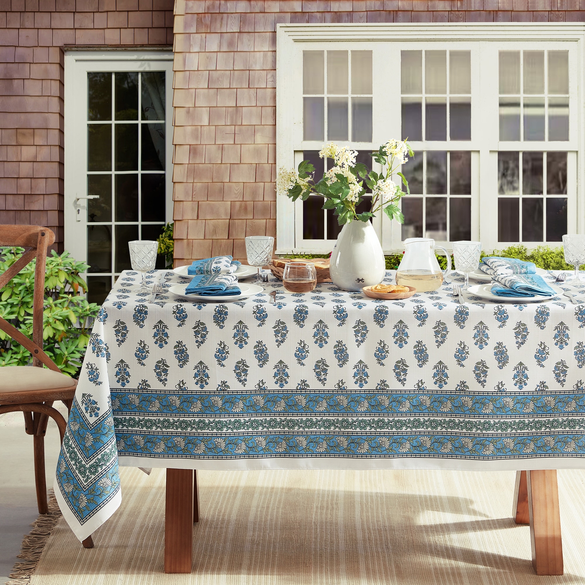 Tropez Block Print Stain & Water Resistant Indoor/Outdoor Tablecloth