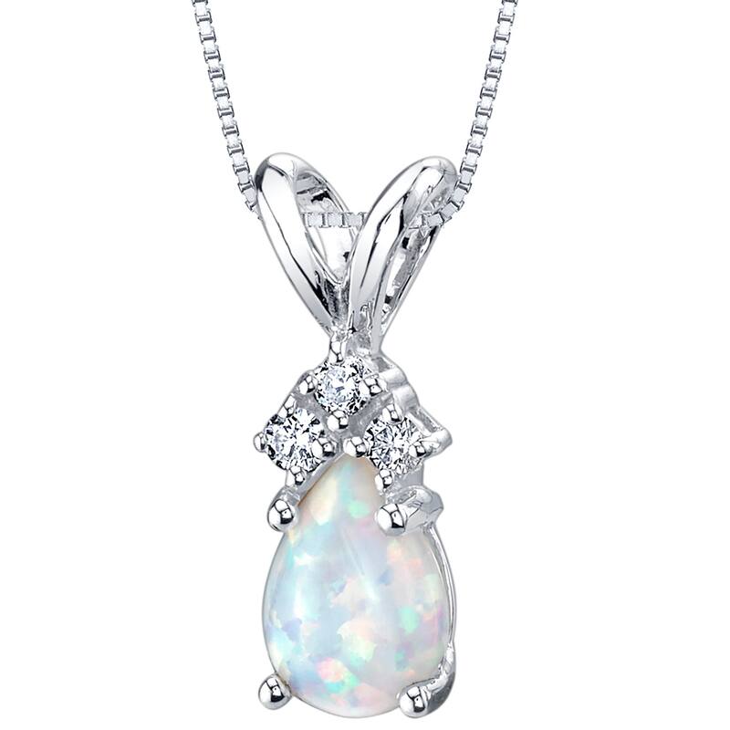 14k White Gold Gold Pear Shape Created Opal Diamond Pendant