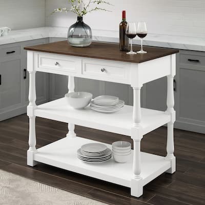 Kitchen Island Wood Top - Storage Island Cart, White/Dark Brown, 42" Wide, Transitional Design