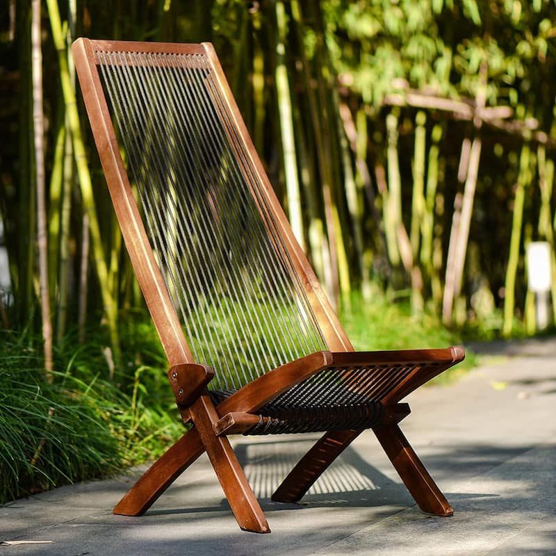 Folding Roping Solid Wood Outdoor Chair, Modern Low Profile Lounge Chair for Patio, Backyard, Deck, Porch, Poolside Garden, Lawn