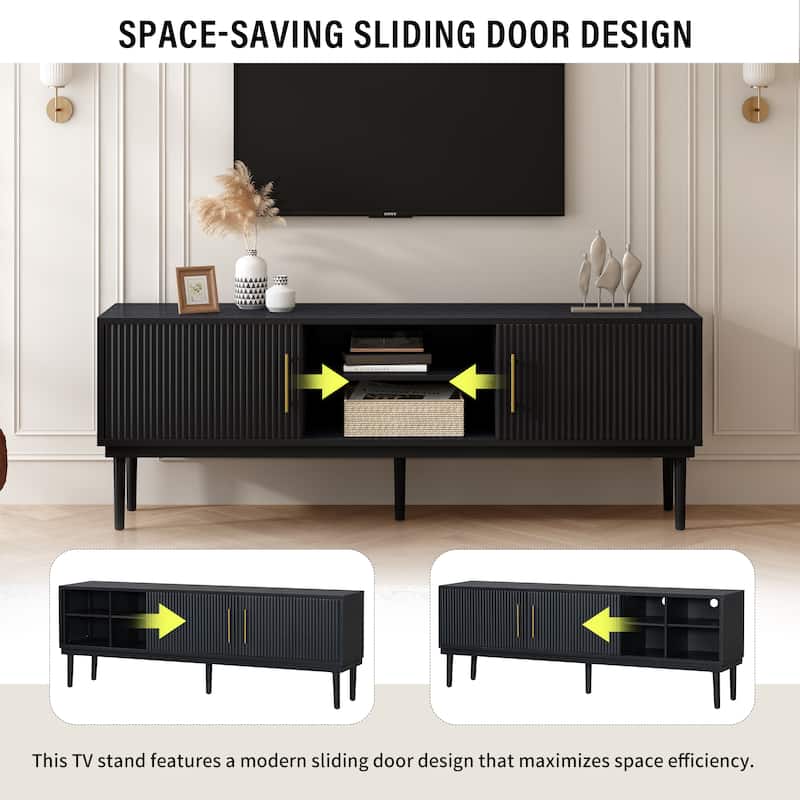 74.90" Wood TV Stand, Sliding Doors Media Cabinet with Gold Metal Handle, Media Console Table with Solid Wood Legs