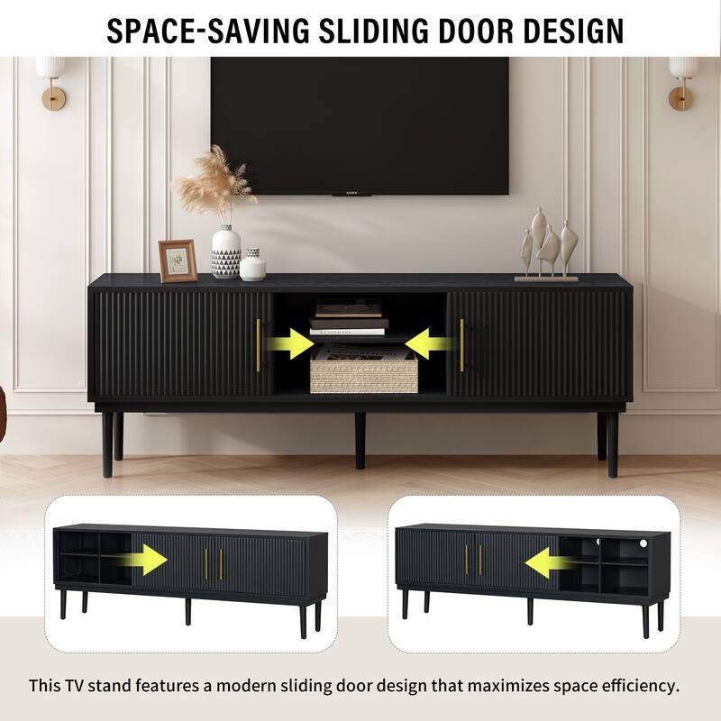 TV Stand Media Console with Fluted Door Cabinets, Solid Wood Legs - Black
