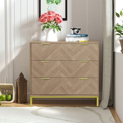 Bedroom Dresser 3-Drawer Wooden Chest of Drawers Herringbone Accent Chest Storage Nightstand 31.5"W X 29.35"H