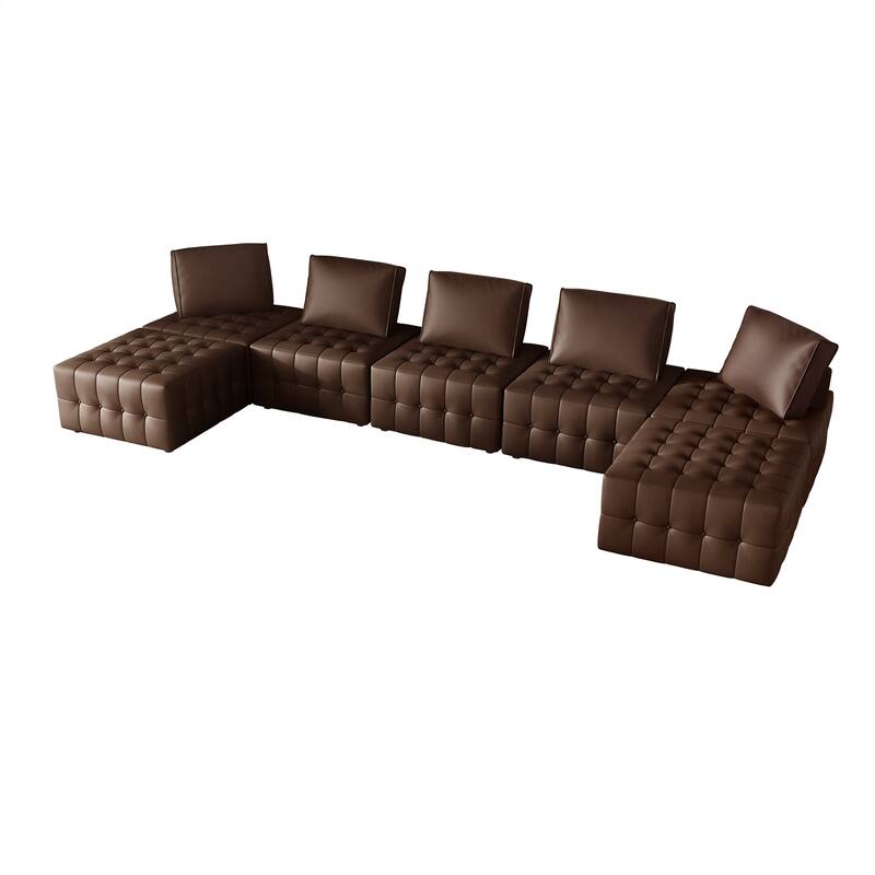 CraftPorch 7-Piece Elegance Button-Tufted PU Upholstered with Ottoman - 7 Piece - Brown