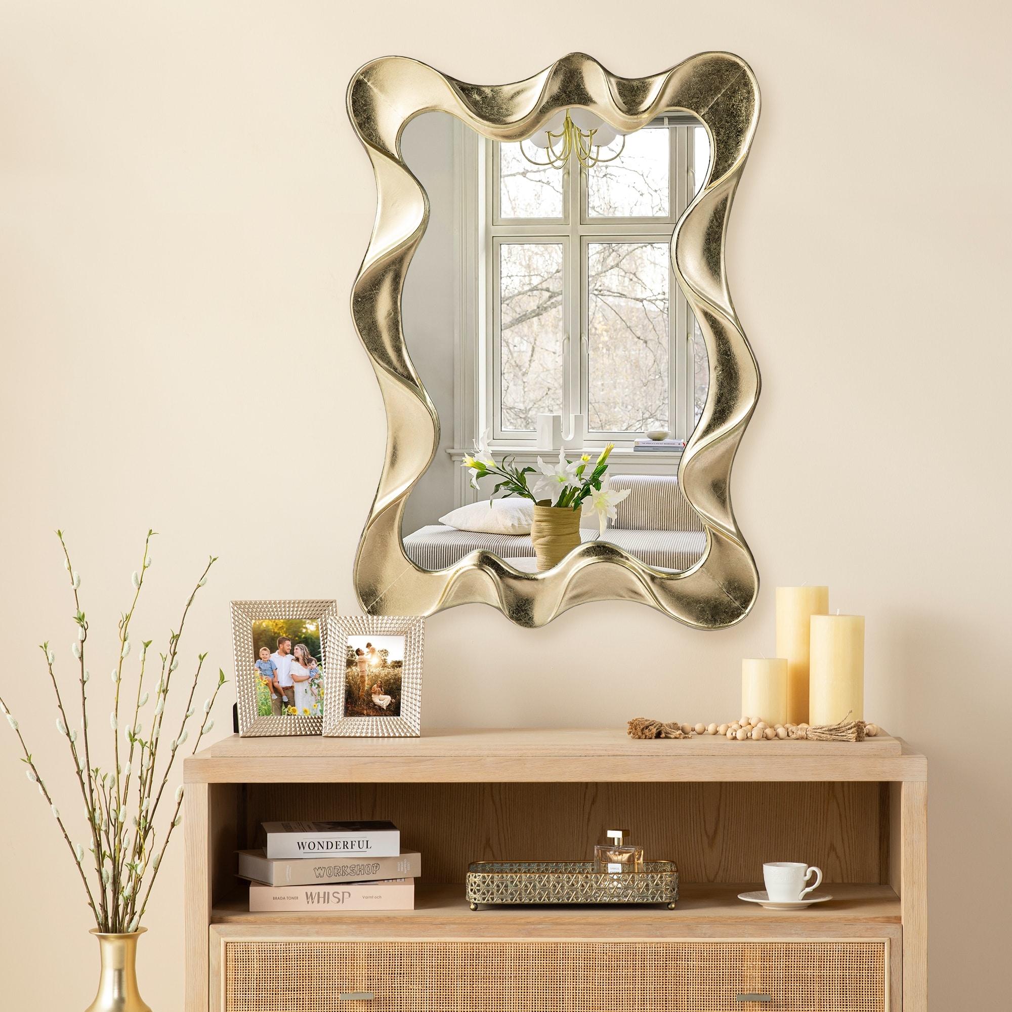 Glitzhome 34.25"H Modern Gold Foil Metal Frame Wavy Wall Mirror - 34.25"