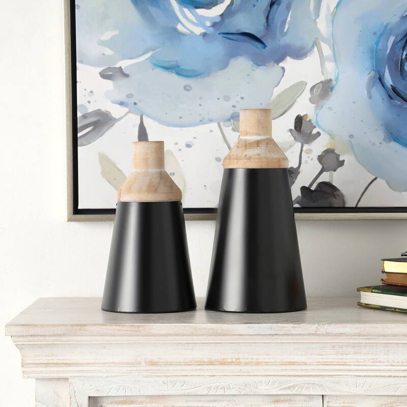 Black Wood Triangular Colorblock Decorative Vase with Light Brown Wood Tops (Set of 2) - Black